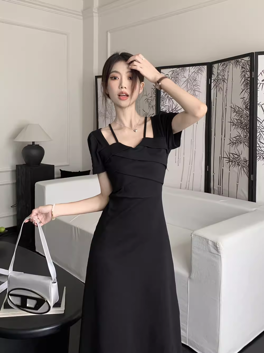 - Black Short Sleeves Dress  GEU1529