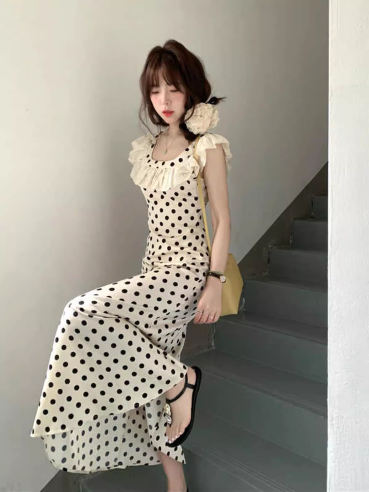 - Women's summer square neck polka dot satin dress GEU1538