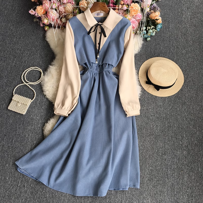 vmtvr- Fake two piece color block long sleeve dress GEU530