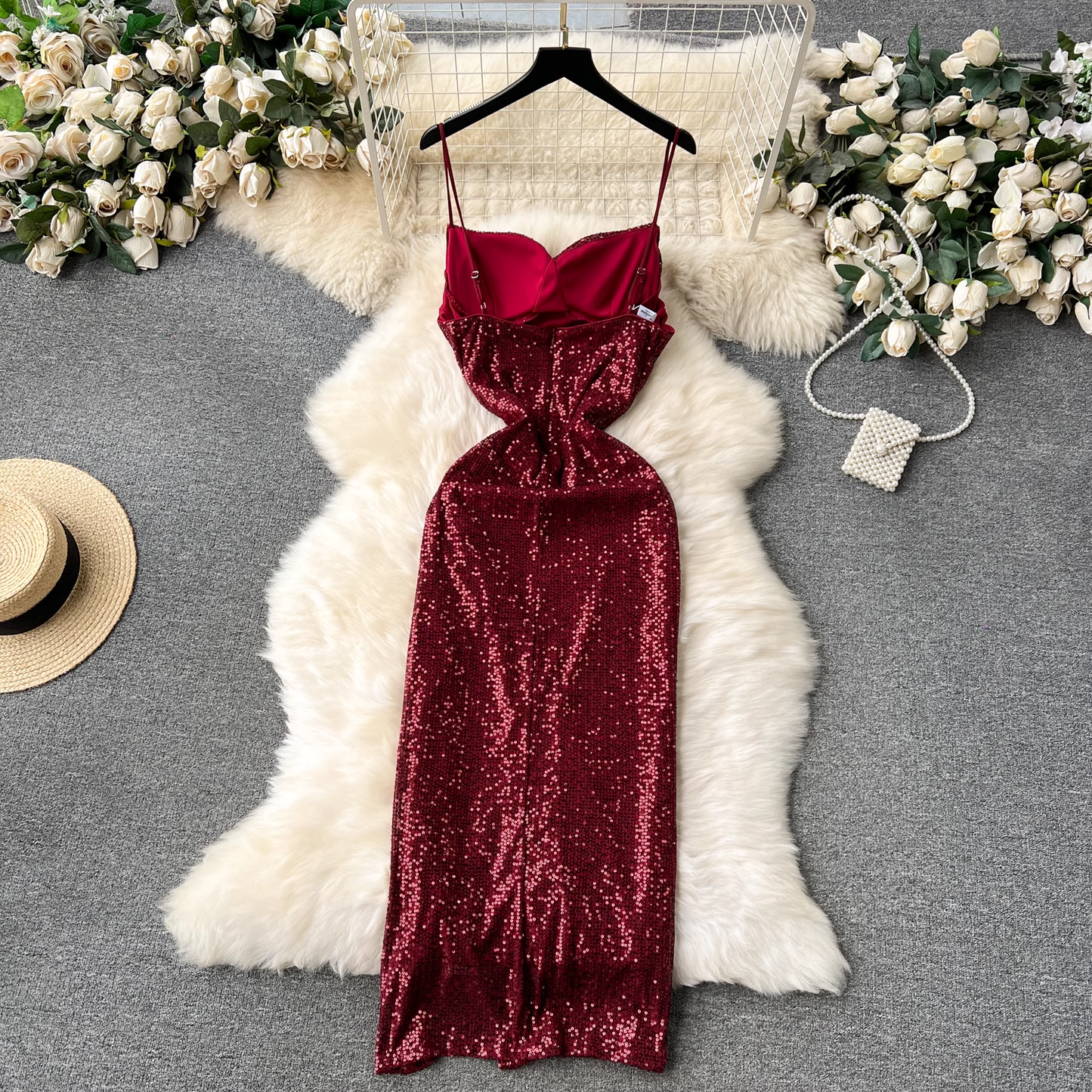 - Burgundy Sequins Dress With Split  GEU1237