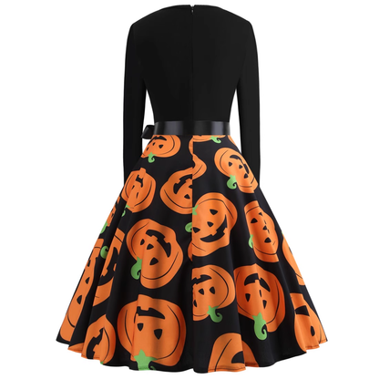 - Halloween costume retro women's long-sleeved contrast black and pumpkin print dress GEU686