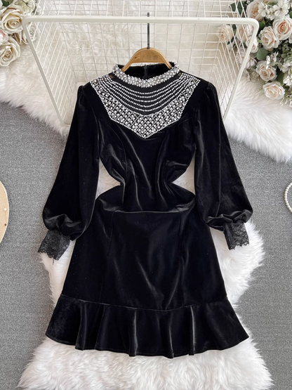 - Long-sleeve stand-collar beaded panel ruffled velvet dress  GEU1016