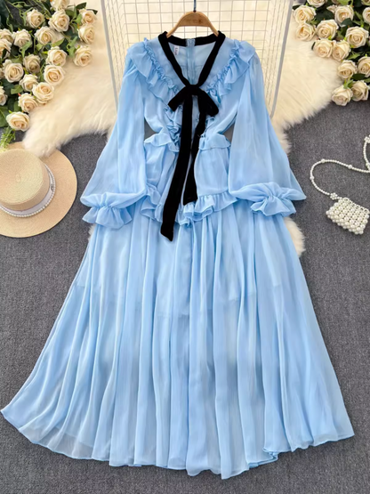 - Vintage style long sleeve bow V-neck ruffled A-line chiffon dress GEU1043