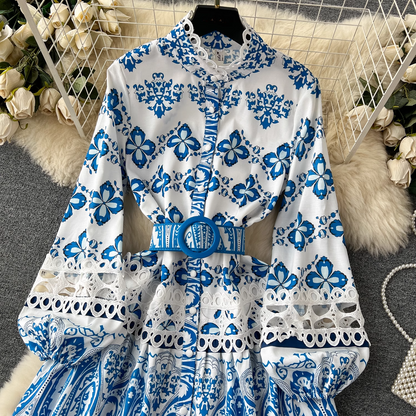 - Stand collar printed dress women's retro court style lantern long-sleeved fairy dress GEU408