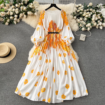 - New women's dress printed pleated holiday long dress  GEU1179