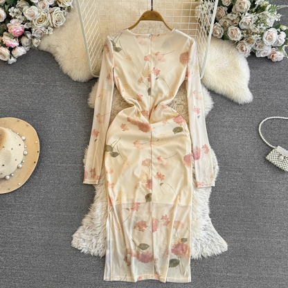 - Elegant long-sleeved V-neck twist mid-length printed dress for autumn GEU841