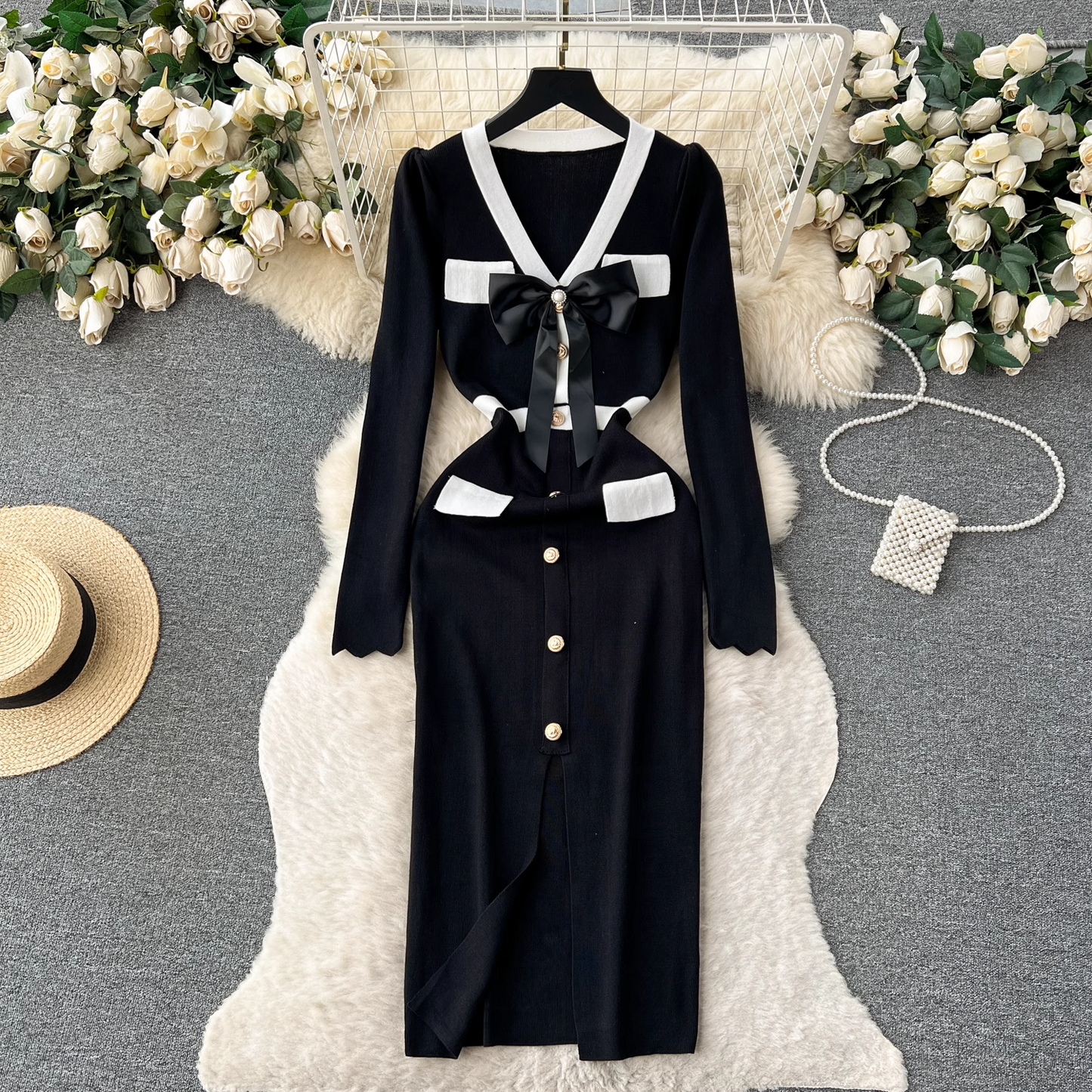 - Knitted dress women's autumn and winter bow single-breasted design maxi dress  GEU508