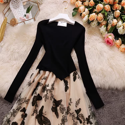 vmtvr- Spliced mesh midi skirt V-neck long-sleeved butterfly embroidered puffy dress GEU598