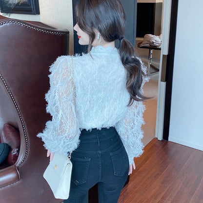 -Fall Outfits Long Sleeve Top  Vintage V-Neck Long Sleeve Lace Blouse Women Tops Tassel White Shirts Blusas Hollow Out Lace Flowers Ladies Blouses Shirts 16095