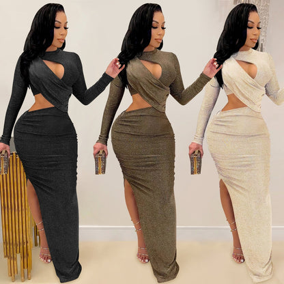 vmtvr - Elegant Glitter Solid Ruched Long Women Dress Sexy Cut Out O Neck Long Sleeve High Slit Evening Club Party Dress Robe Christmas