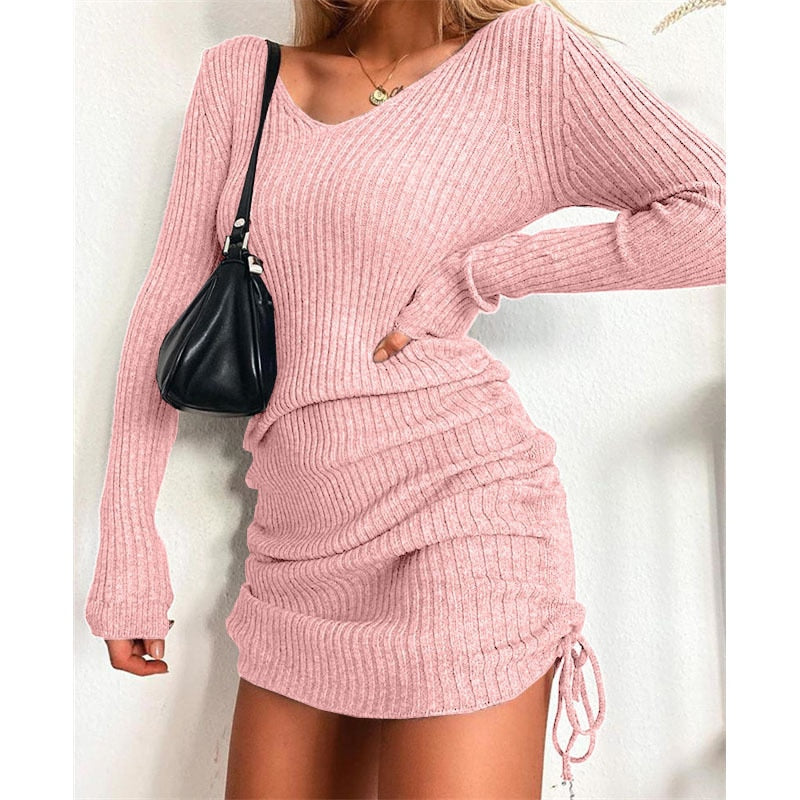 Winter Party Dresses For Women Women&#39;s Dress Knitted Drawstring Sexy Mini Dress Autumn Winter Elegant Fashion V-Neck Long Sleeve Bodycon Party Dresses Female