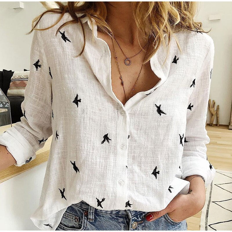 -Fall Outfits Long Sleeve Top  Women's Birds Print Shirts 35% Cotton Long Sleeve Female Tops  Spring Summer Loose Casual Office Ladies Shirt Plus Size 5XL