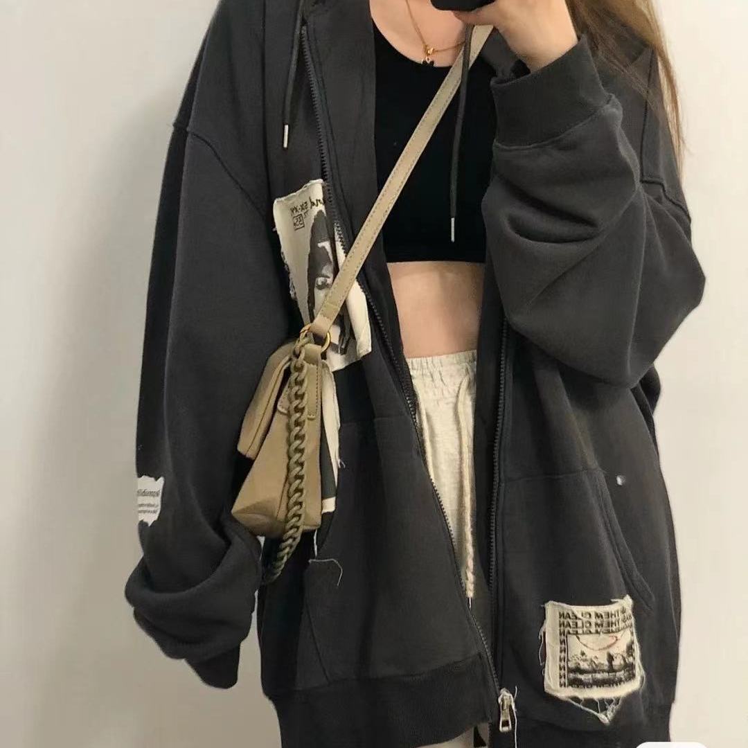 Vintage Patch Y2K Zip Up Hooded Jacket Women Long Sleeve Loose Streetwear Hoodies Cotton Outwear Harajuku Sweatshirts Black Gray