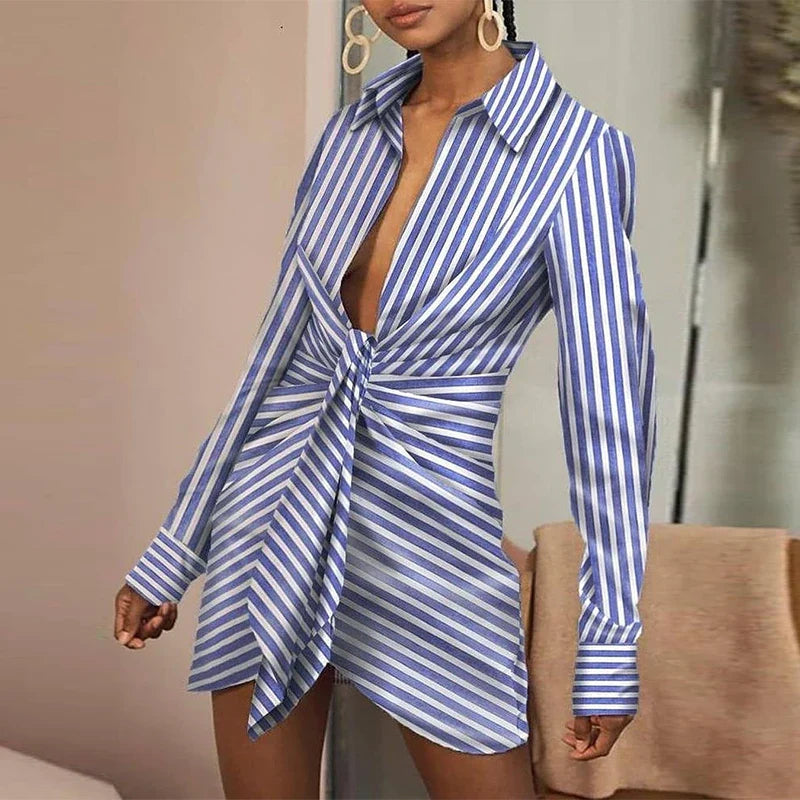 vmtvr Women Elegant Turn-Down Collar Folds Party Dress Casual Striped Ladies Mini Shirt Dresses Autumn Long Sleeve Slim Fit Vestidos