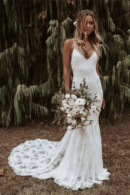 vmtvr - Boho Mermaid Wedding Dresses Spaghetti Straps  Lace Backless Beach Sexy V-Neck Bohemian Bridal Gowns Elegant Vestidos De Noiva