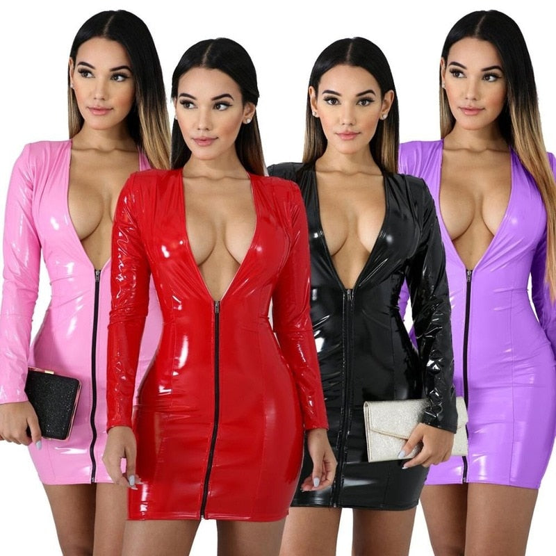 vmtvr - 3XL Women Pencil Dress Bodycon Sexy Zipper V-neck Faux Leather Mini Dresses Long Sleeve Party Clubwear Latex Dress Vestido