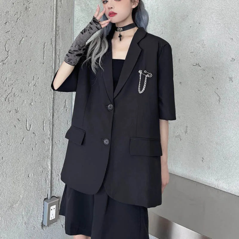 vmtvr Black Gothic Women Thin Blazers Summer Short Sleeve Fashion Button Up Long Jacket High Street Korean Female Coats  New