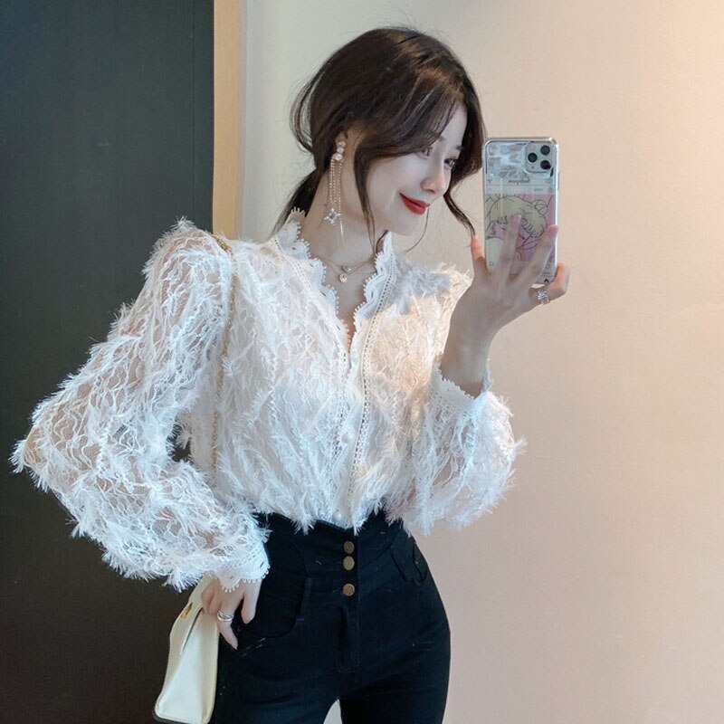 -Fall Outfits Long Sleeve Top  Vintage V-Neck Long Sleeve Lace Blouse Women Tops Tassel White Shirts Blusas Hollow Out Lace Flowers Ladies Blouses Shirts 16095