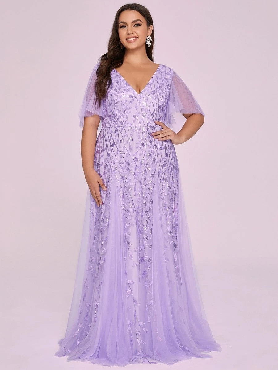 Plus Size Prom Dresses Romantic Shimmery V-Neck Ruffle Sleeves Ever Pretty Classic Maxi Long Evening Gowns Vestidos De Gala