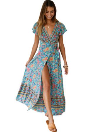 vmtvr - Women Bohemian V Neck Summer Maxi Dress Butterfly Short Sleeve Floral High Split Long Dress Wrap High Waist Bandage Sundress