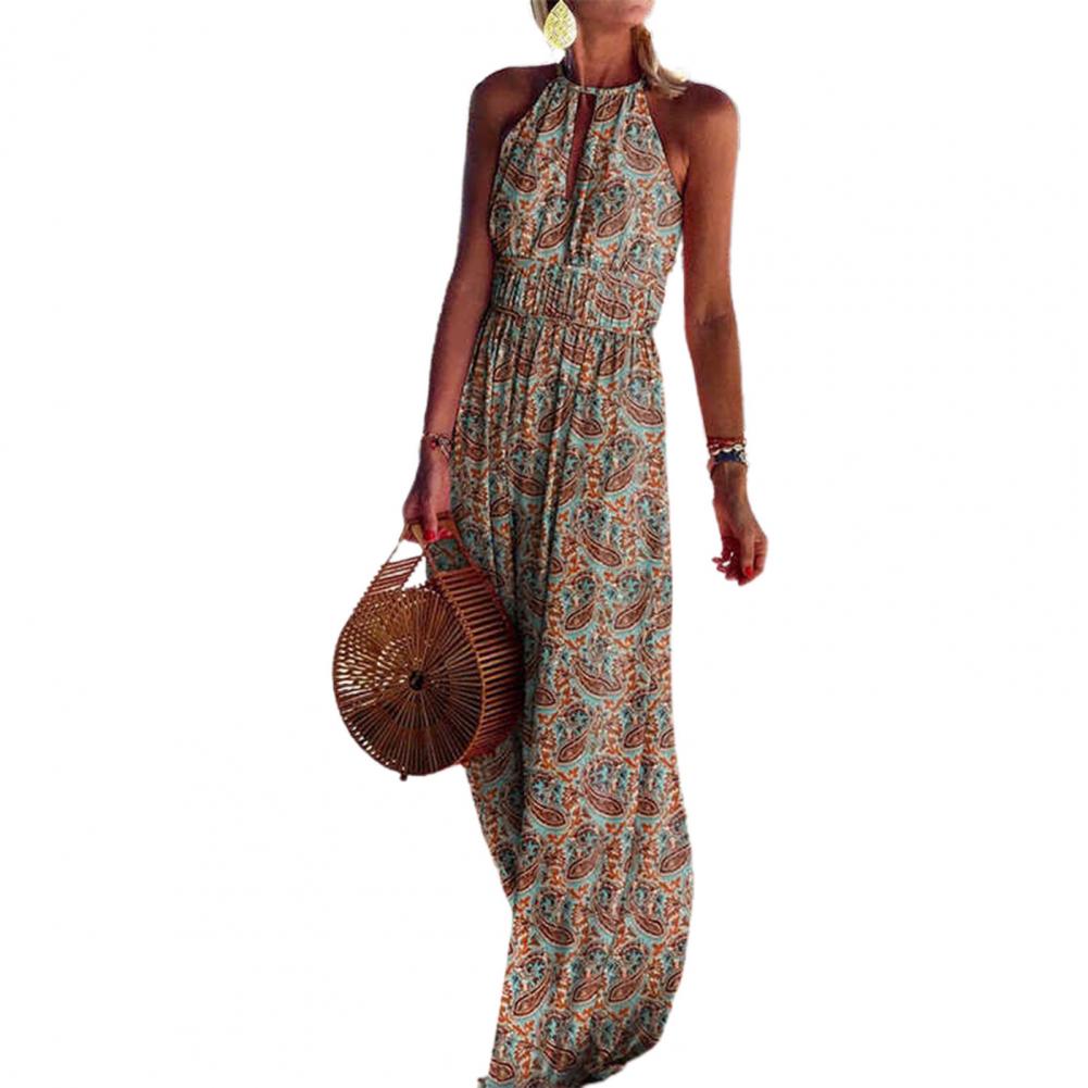 Summer Boho Floral Print Long Party Dress Women Elegant Halter Sleeveless Maxi Dress Spring Backless Hollow Out Dresses