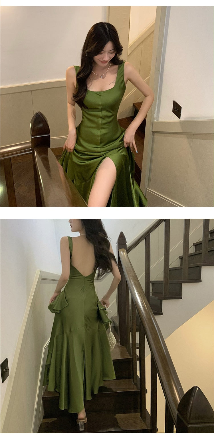 vmtvr Korean Summer Satin Elegant Women Dress Casual Sexy Tank Backless Ruffle Split Maxi Party Lady Robe Femme Beach Mujer Vestidos