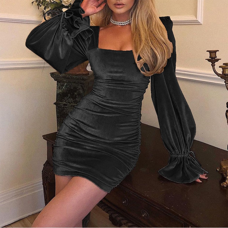 vmtvr - Elegant Slash Neck Velvet Hip Wrap Dress Fashion Flared Sleeve Mini Dress Autumn Winter Office Ladies Solid Pleated Sexy Dresses