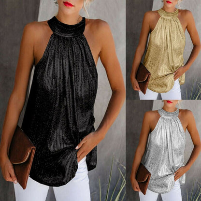 - Women Gold Blouse  New Fashion High Neck Sleeveless Hatler Tank Top Vest Summer Casual Loose Blouse Shirt Tee