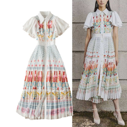 Vintage Elegant Floral Print Pleated A Line Party Dinner Dress Summer Ruffle Sleeve Midi Long Elbise Princess