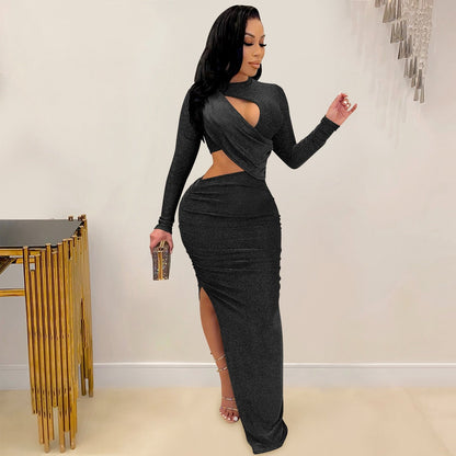 vmtvr - Elegant Glitter Solid Ruched Long Women Dress Sexy Cut Out O Neck Long Sleeve High Slit Evening Club Party Dress Robe Christmas