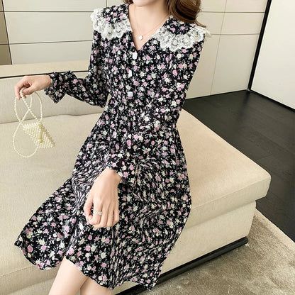 vmtvr 2024 Spring Autumn Vintge Floral Chiffon Midi Dress Women New Korean Light Casual Beach Sundress Elegant Bodycon Party Vestidos