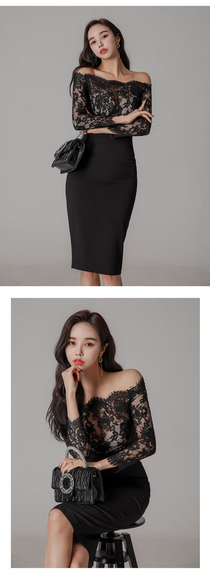 new arrival fashion korean spring midi party dress women OL temperament lace perspective sexy off-shoulder holiday pencil dress