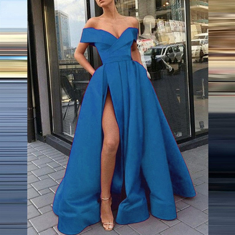 Sexy Off Shoulder Backless Slit Maxi Dress Elegant Strapless Solid Club Party Dress Summer Women Short Sleeve Boho Long Dresses