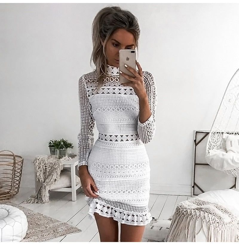 vmtvr Sexy White Lace Stitching Hollow Out Party Dresses Elegant Women Short Mini Summer Casual Dresses Clothes For Women