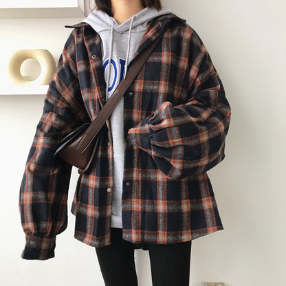 Flectit Flannel Oversized Shirt Long Sleeve Collared Boyfriend Plaid Blouse Fall Winter