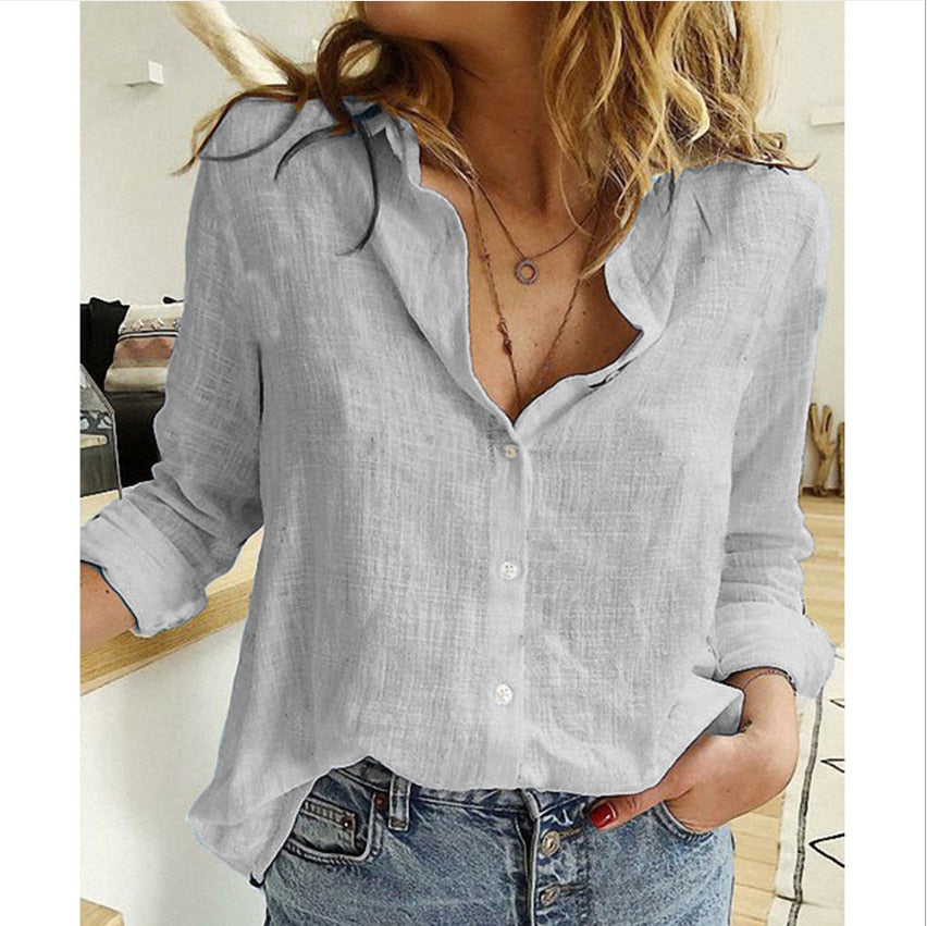 -Fall Outfits Long Sleeve Top Loose Shirts women  summer Oversized Tops pure color casual loose long-sleeved linen shirt in stock