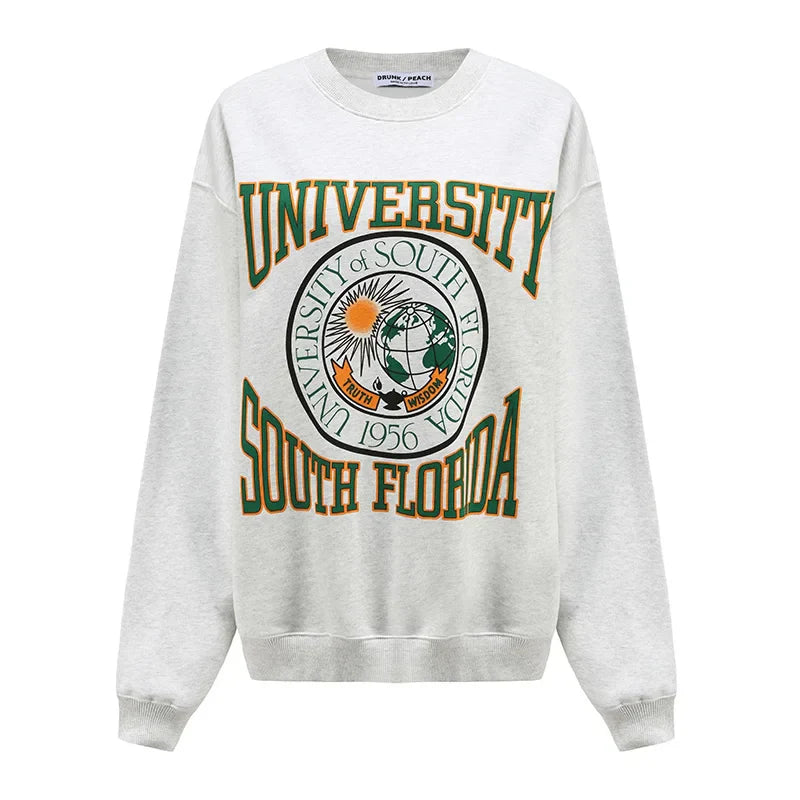 -Retro sports style outfit streetwear 90s fashion American Vintage University of South Florida Print Female Thick Pullover Long Sleeve Thick  Autumn Winter Grey Sweatshirts