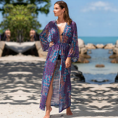 -Fall Outfits Long Sleeve Top   Purple Bohemian Printed Long Sleeve Self Belted Tassel Plus Size Beachwear Kimono Tunic Women Tops And Blouses Shirts Q1237