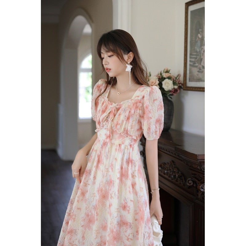 vmtvr - Chiffon Dress Women&#39;s Summer Temperament Square Collar Sweet A-line Midi Floral Pink Holiday Dresses MXA26L0197