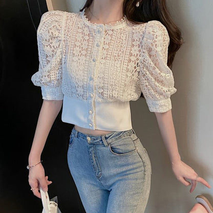 Summer Blouse Women Korean Hollow Out Lace White Women Shirt   New Short Sleeve Button Loose Shirts Solid Female Tops 13607