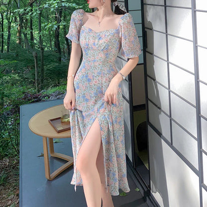 vmtvr Vintage Flower Split Dress Women Puff Sleeve Elegant Long Fairy Dress Casual Party Beach Holiday Summer Dress Women Korean