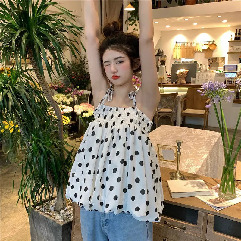 vmtvr Polka Dot Tanks Camis Women Summer Casual Folds Backless Design Korean Chic Tops Female French Chiffon Short Party Clothing