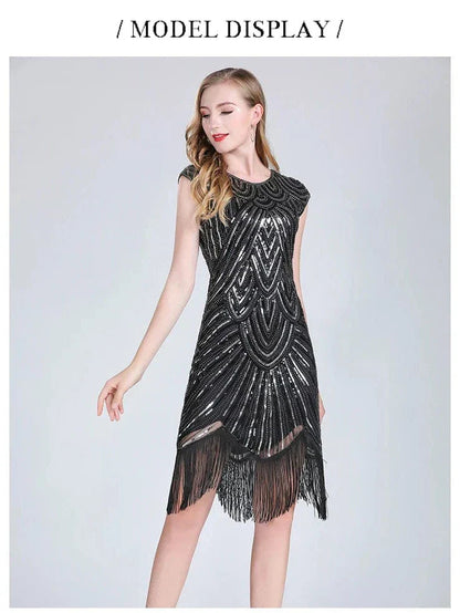 Women 1920s Flapper Dress Great Gatsby Dress V-Neck Sleeve Sequin Fringe Party Midi Dress Vestido Summer Women Dress