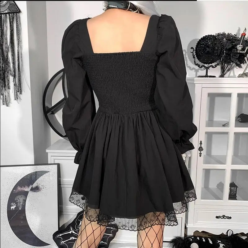 vmtvr  -  Lolita Princess Black Gothic Sexy Mini Bad Girl Dress Kawaii High Waist Puff Sleeve Lace Ruffles Party Robe Women Dresses w885