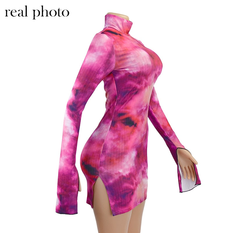 vmtvr Tie Dye Mock Neck Bodycon Dresses For Women Side Split Ribbed Long Sleeve Clubwear Midnight Outfit Party Mini Dress Hot