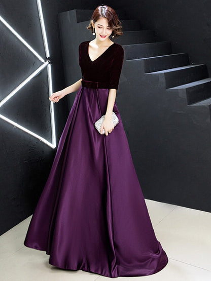 V-neck Bow Waist A-line Satin Evening Dresses Short-Sleeve Velour Formal Women Prom Dresses Elegant Graduation Party Gowns