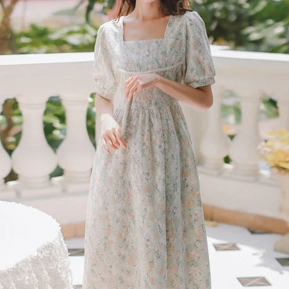 vmtvr French Puff Sleeve Fairy Dress Women Vintage Sweet Party Floral Long Dress Female Summer Chiffon Korean Bandage Dresses New