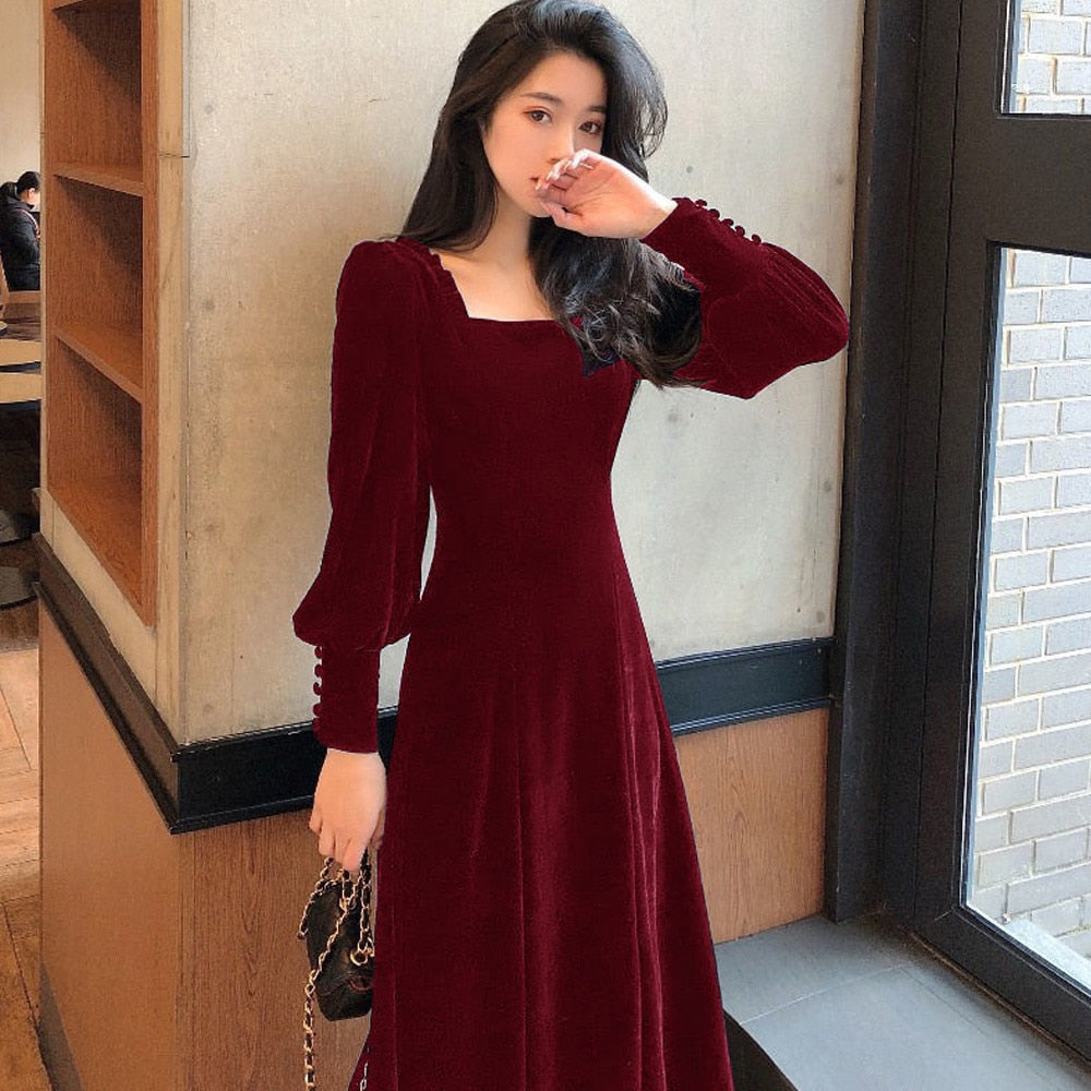 vmtvr Vintage Black Velvet Dress  Women Autumn Winter Warm Long Sleeve Maxi Dress French Elegant V-Neck Party Dresses