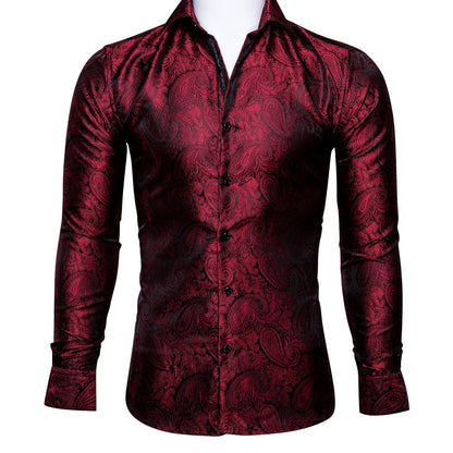 Luxury Red Paisley Silk Shirts Men Long Sleeve Casual Flower Shirts For Men Designer Fit Dress Shirt