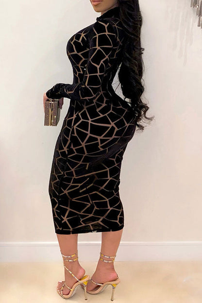 vmtvr - Graphic Print Classic Mesh See-Through Midi Dress